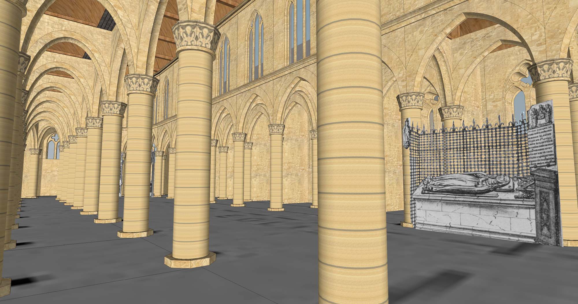 Reconstruction of the interior of Sainte-Marie-Madeleine looking west down the nave from the south aisle, including the Gaignières drawing of Blanche of France (Paris, BnF, Département des manuscrits, Clairambault 632, fol. 143) placed in its original location. © Michael T. Davis